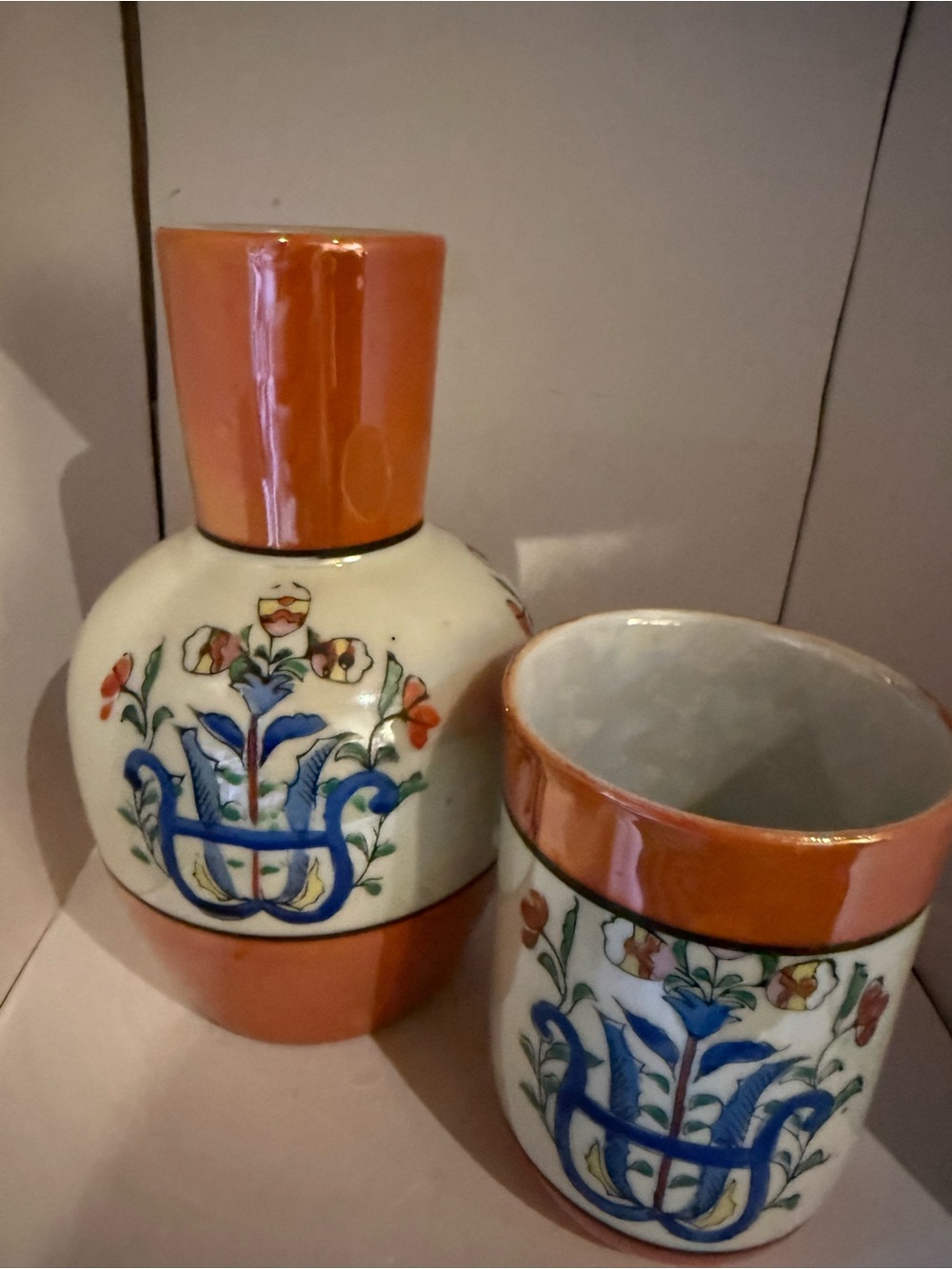 Hand-Painted Ceramic Vase and Utensil Holder - Orange and White Floral